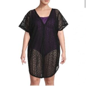 Time and Tru Women Black V-Neck Wavy Crochet Drop Short Sleeve Cover Up Size 2X